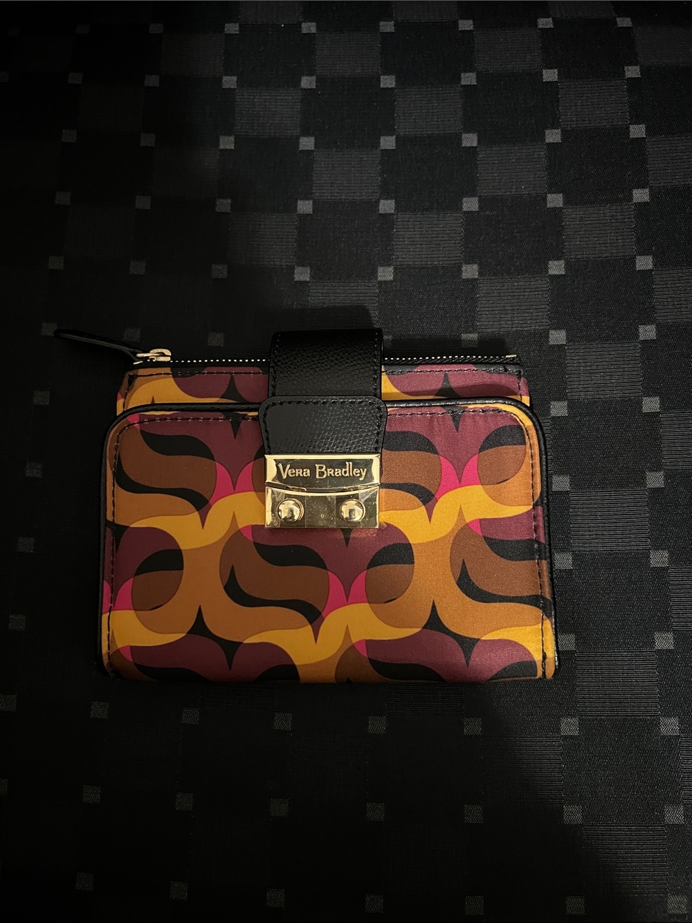 Vera Bradley Retro Wave Compact Zip Wallet - Black, Mustard & Pink